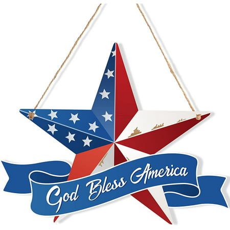 God Bless America 4th of July Wooden Hanging Sign Star Shape American Flag Rustic Sign Independence Day Patriotic Hanging Plaque Sign Memorial Day Decorations for Independence Day Party Supplies 